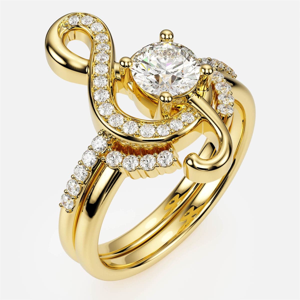 Yellow gold version of the treble-clef engagement ring set with diamond pavé along the clef and both bands
