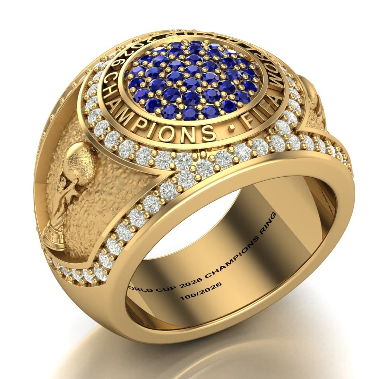 Three-quarter angle render of the champions ring showing the sapphire face, diamond halo, trophy-sculpted shoulder and diamond-lined band together — championship ring concept by 4rend Studio