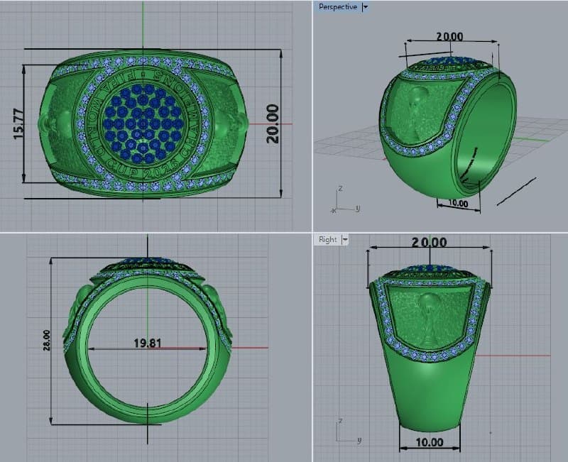 CAD viewports of the champions ring in Rhino/MatrixGold — front, perspective, side and top views with millimeter dimensions of the head, band and shank — 4rend Studio