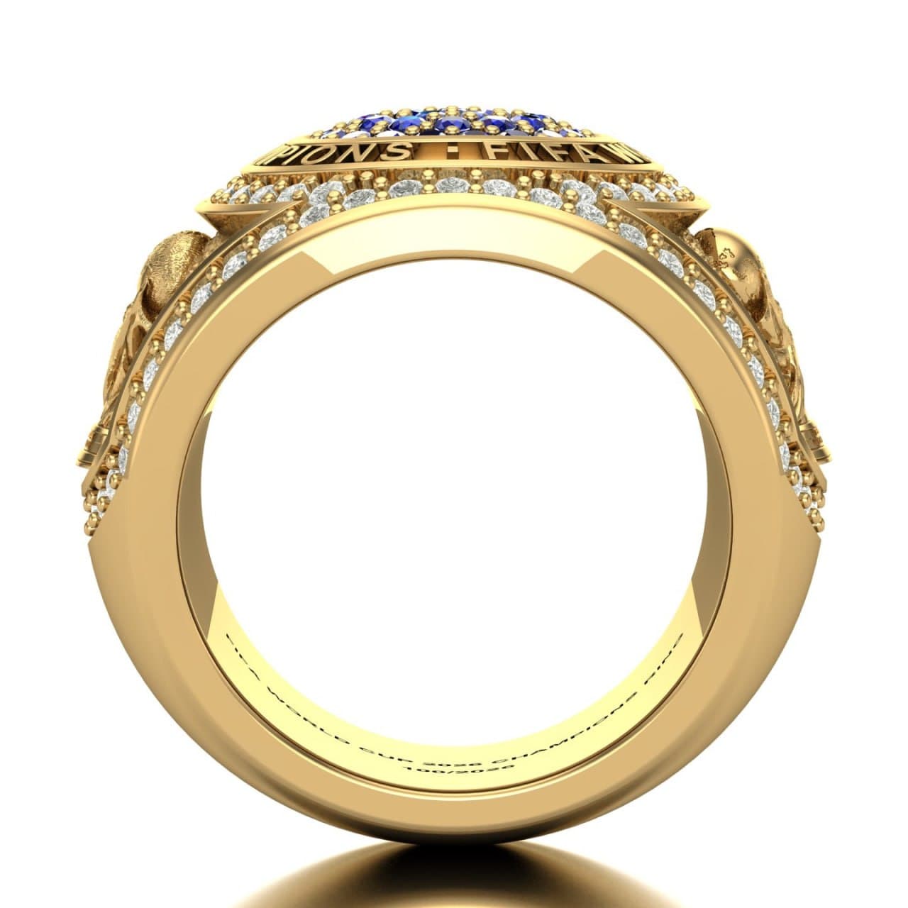 Profile view of the champions-style ring showing the tall domed head, diamond-lined shoulders and the engraved shank — 4rend Studio concept render