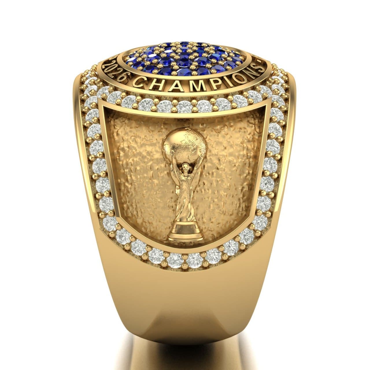 Side panel of the champions ring showing the World Cup trophy sculpted in gold relief inside a diamond frame — championship ring concept by 4rend Studio