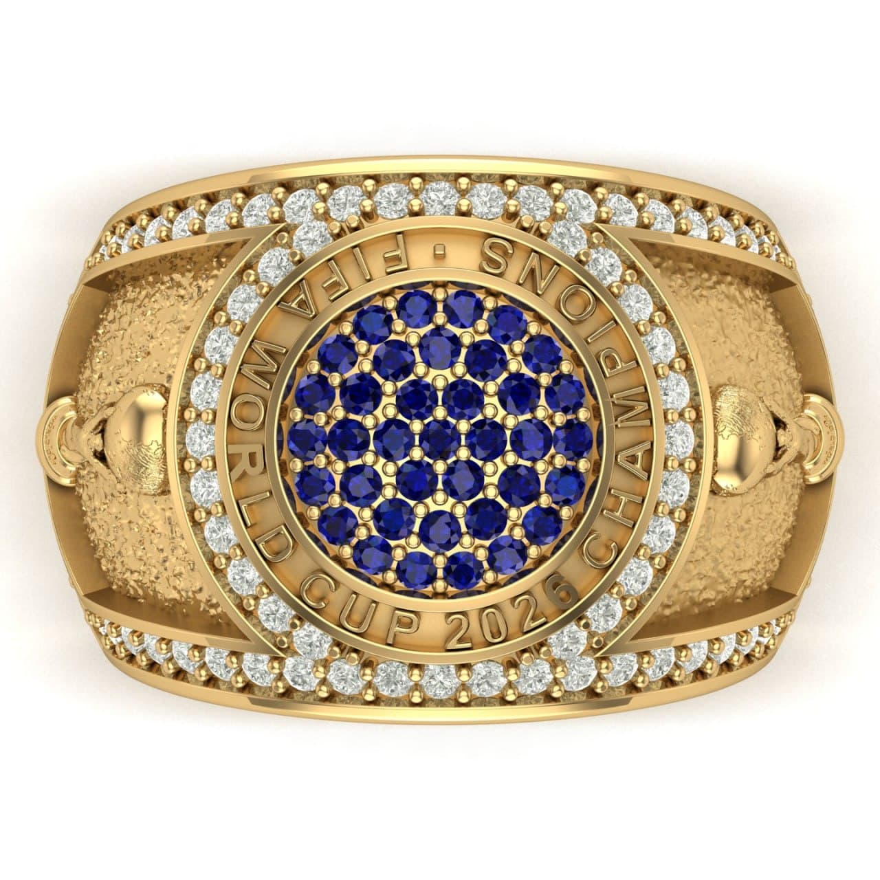 Top-down render of a champions ring with a circular blue sapphire pavé face ringed by an engraved 'World Cup 2026 Champions' bezel and diamond frame — championship ring concept by 4rend Studio