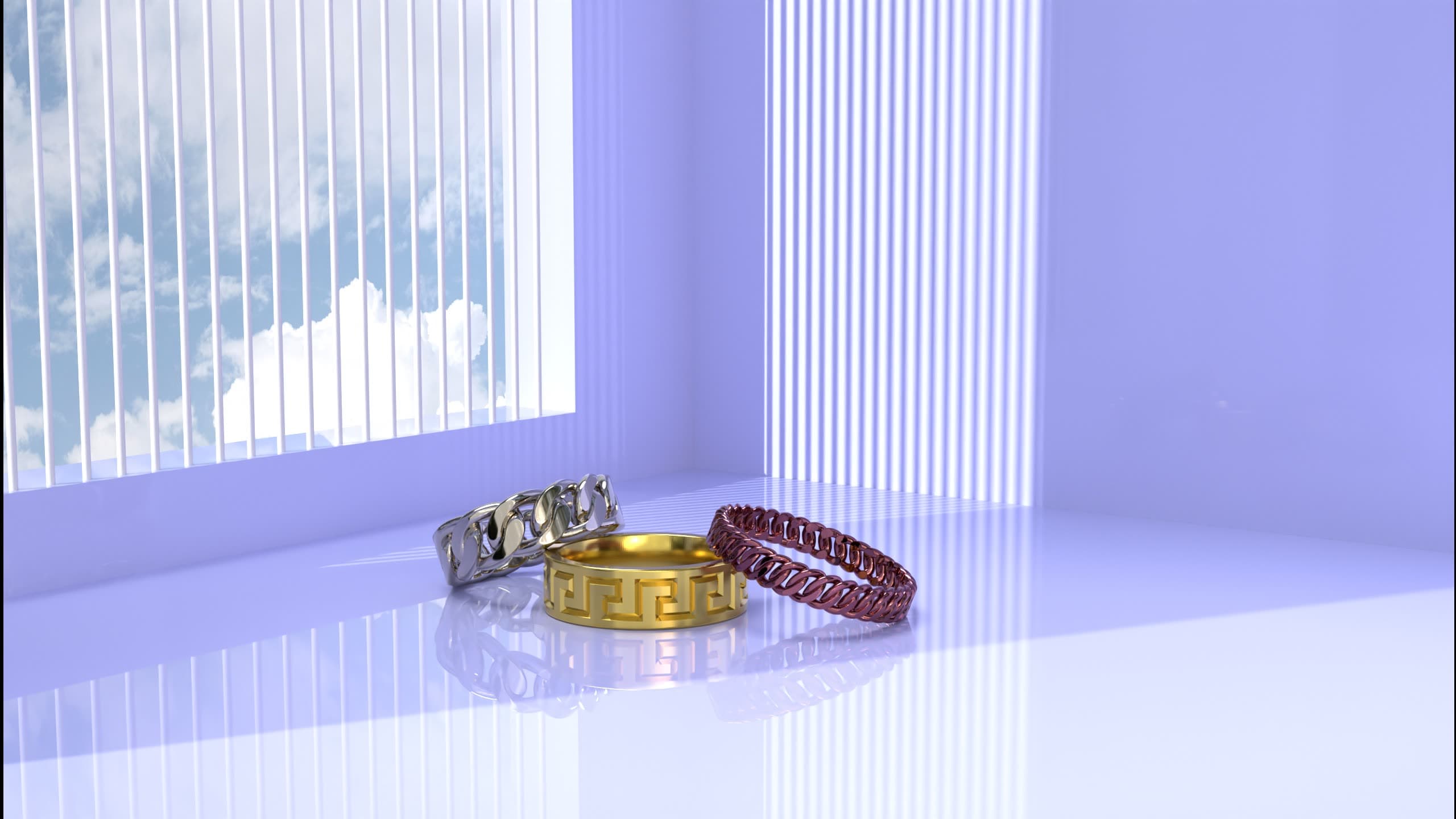 Three rings — silver Cuban-link, gold Greek-key band and rose gold chain — on a glossy reflective floor in a bright pastel daylight room, the free Blender bright studio scene by 4rend Studio