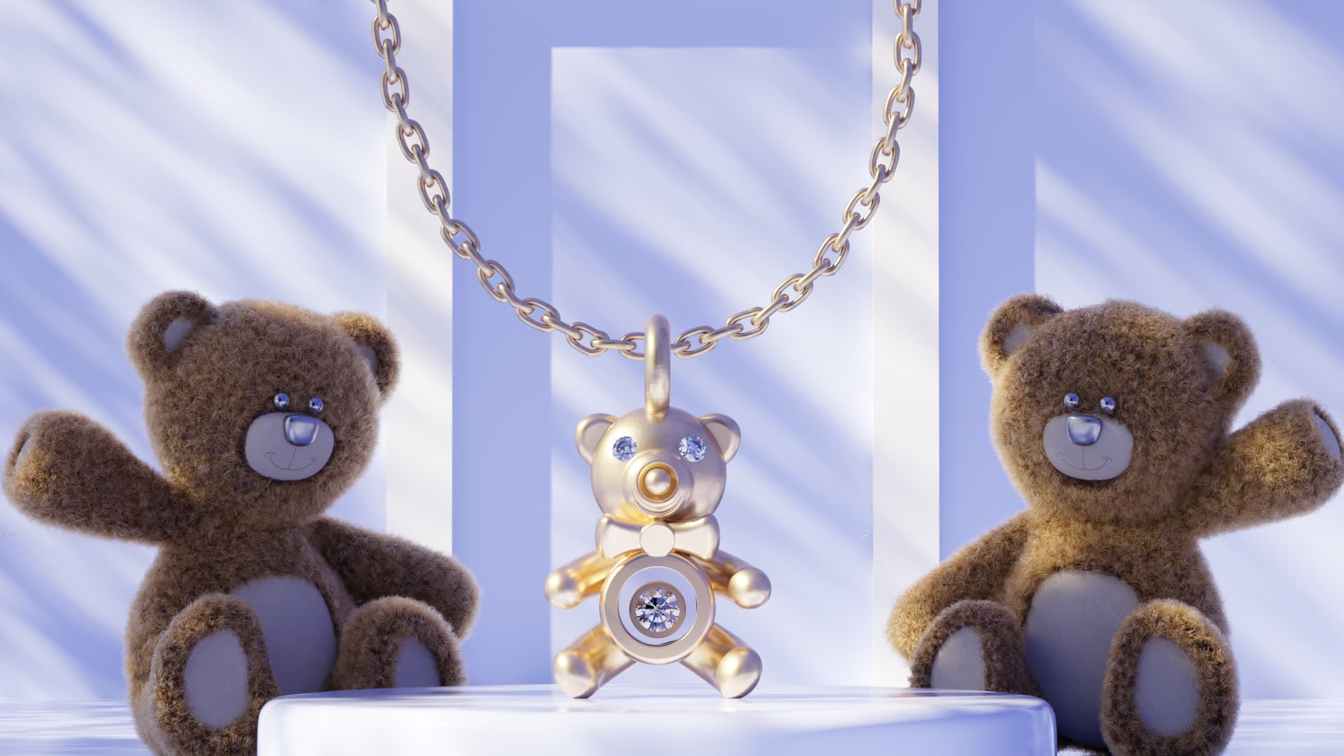 A gold diamond teddy-bear pendant on a chain, flanked by two plush teddy bears on a glossy podium in soft periwinkle light — the free Blender teddy-bear jewelry render scene by 4rend Studio