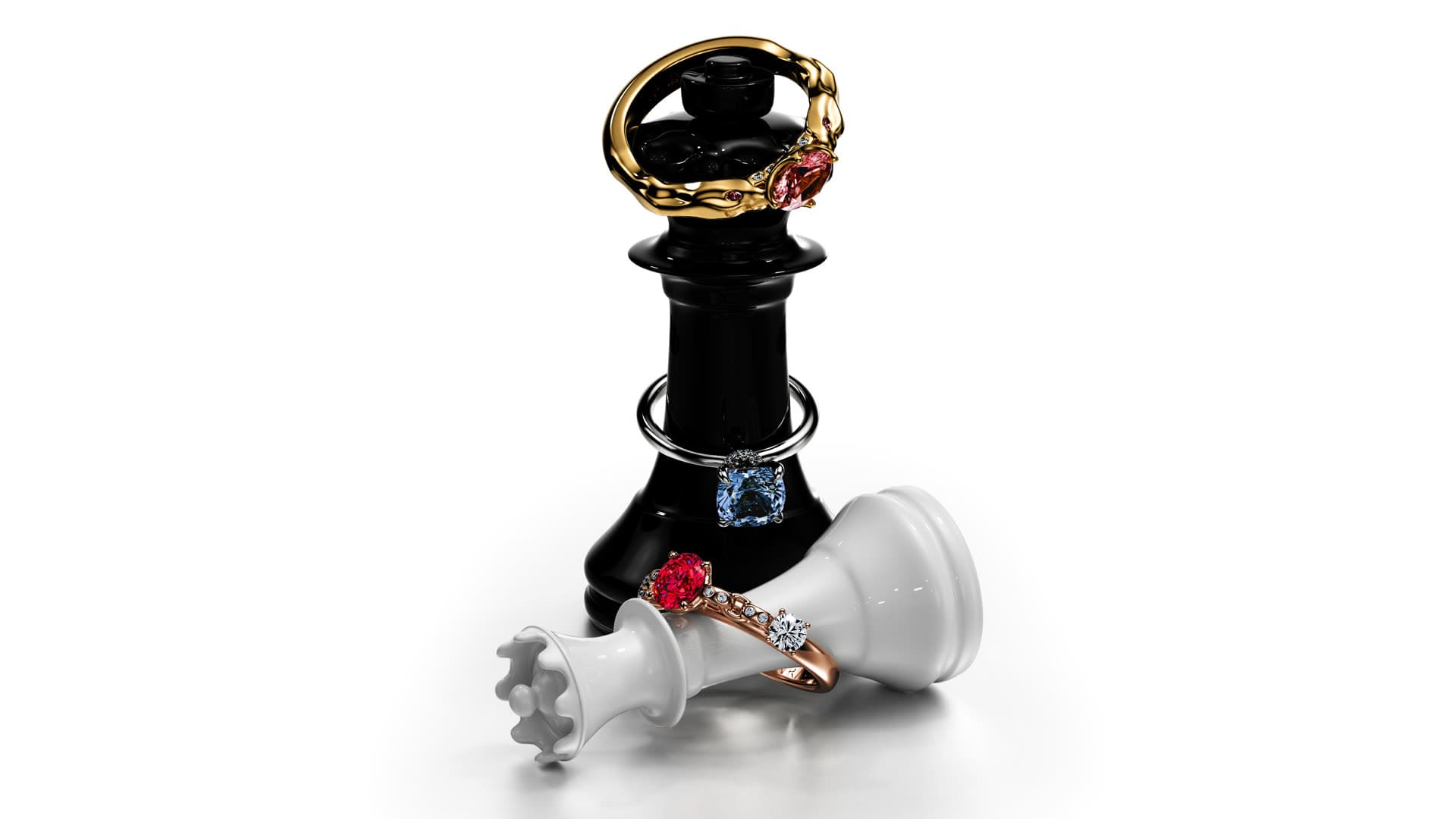 Glossy black and white chess kings staged with gem-set gold, silver and rose-gold engagement rings on a clean white sweep — the free Cinema 4D chess jewelry render scene by 4rend Studio