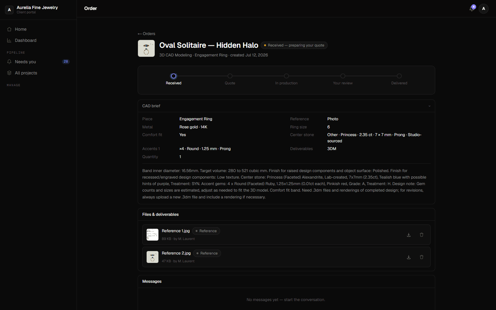 A jewelry project and its quote managed in the 4rend client portal — transparent, per-piece pricing