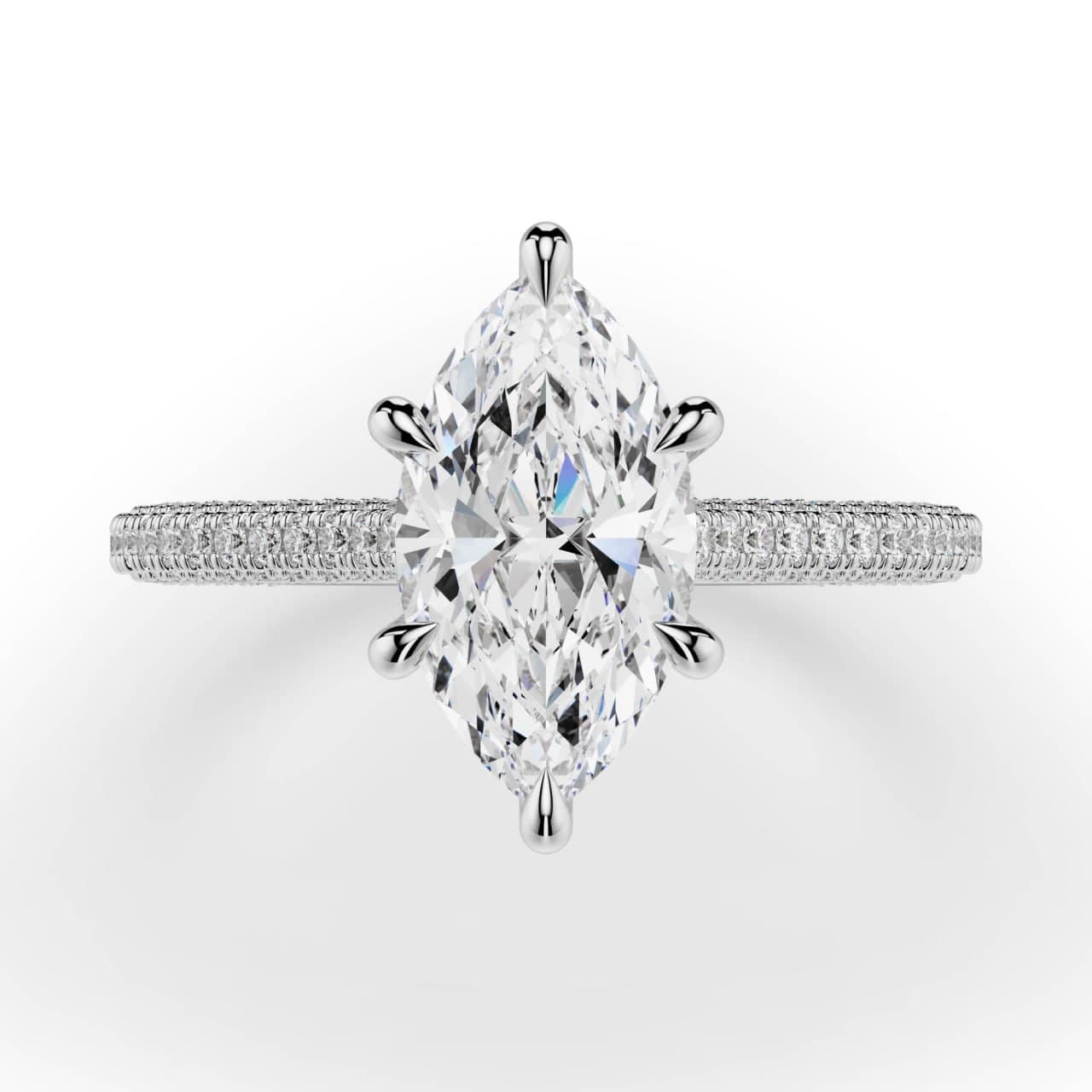 Photorealistic 3D render of a marquise diamond ring in white gold for e-commerce product imagery — 4rend Studio