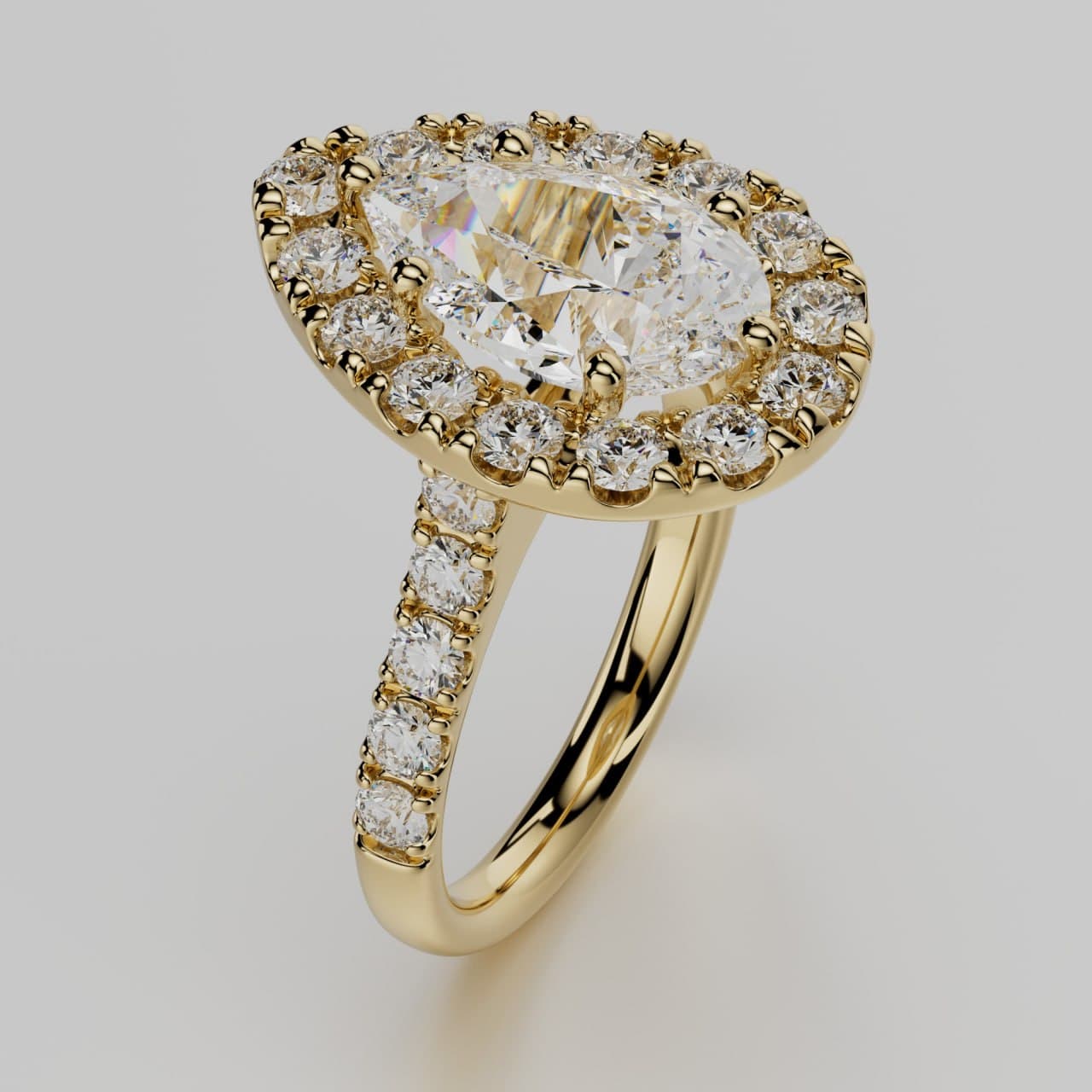 Three-quarter angle render of the same pear halo engagement ring, showing how an outsourced CAD model can be presented from any angle for client approval before casting